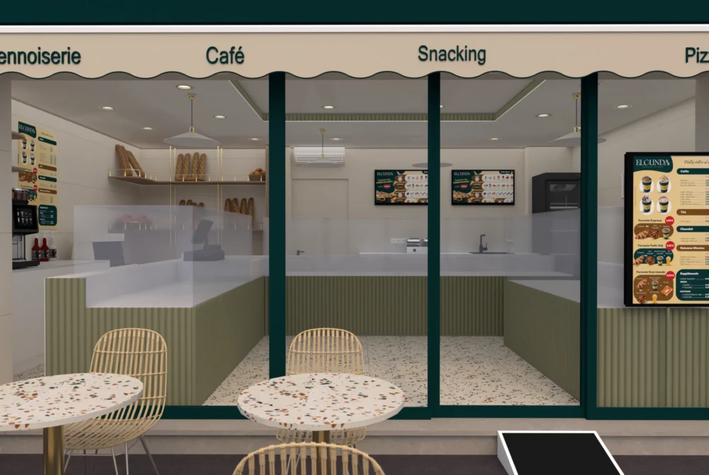 Rénovation de boulangerie à Sainte-Geneviève-des-Bois avec aménagement moderne et fonctionnel, transformation de l’espace pour offrir une atmosphère chaleureuse et professionnelle.