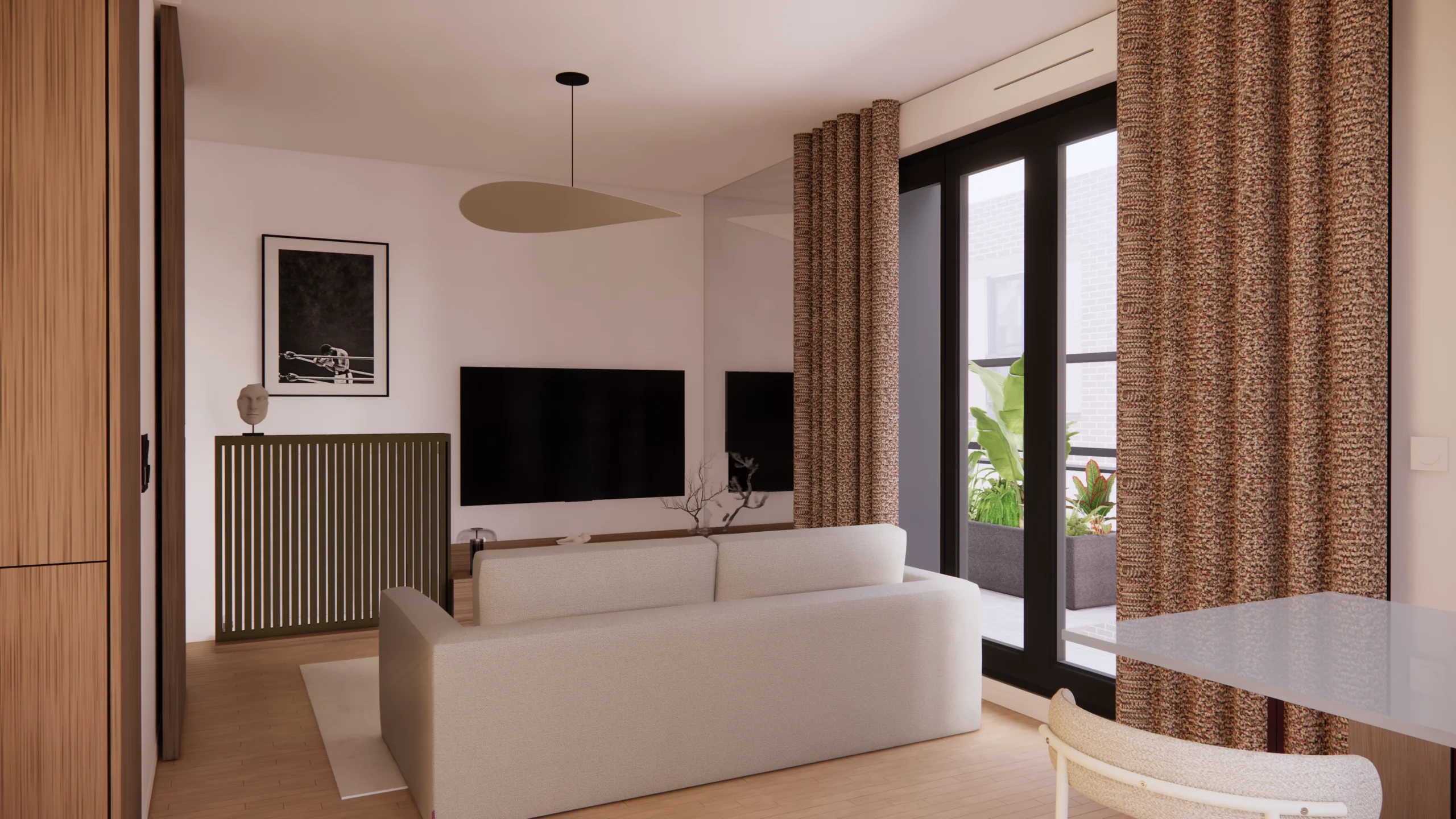 Séjour contemporain avec mobilier intégré sur mesure, circulation fluide et aménagement pensé pour optimiser l’espace.