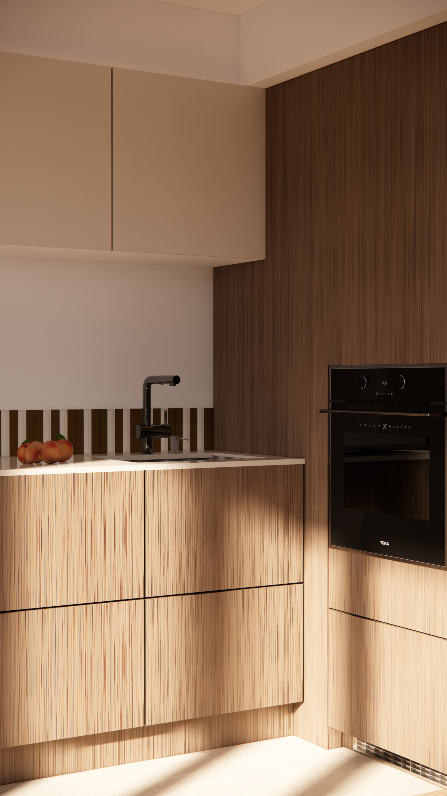 Détail de cuisine avec crédence bi-matière, mobilier sur mesure en noyer et sol en grès aux nuances gris-beige.