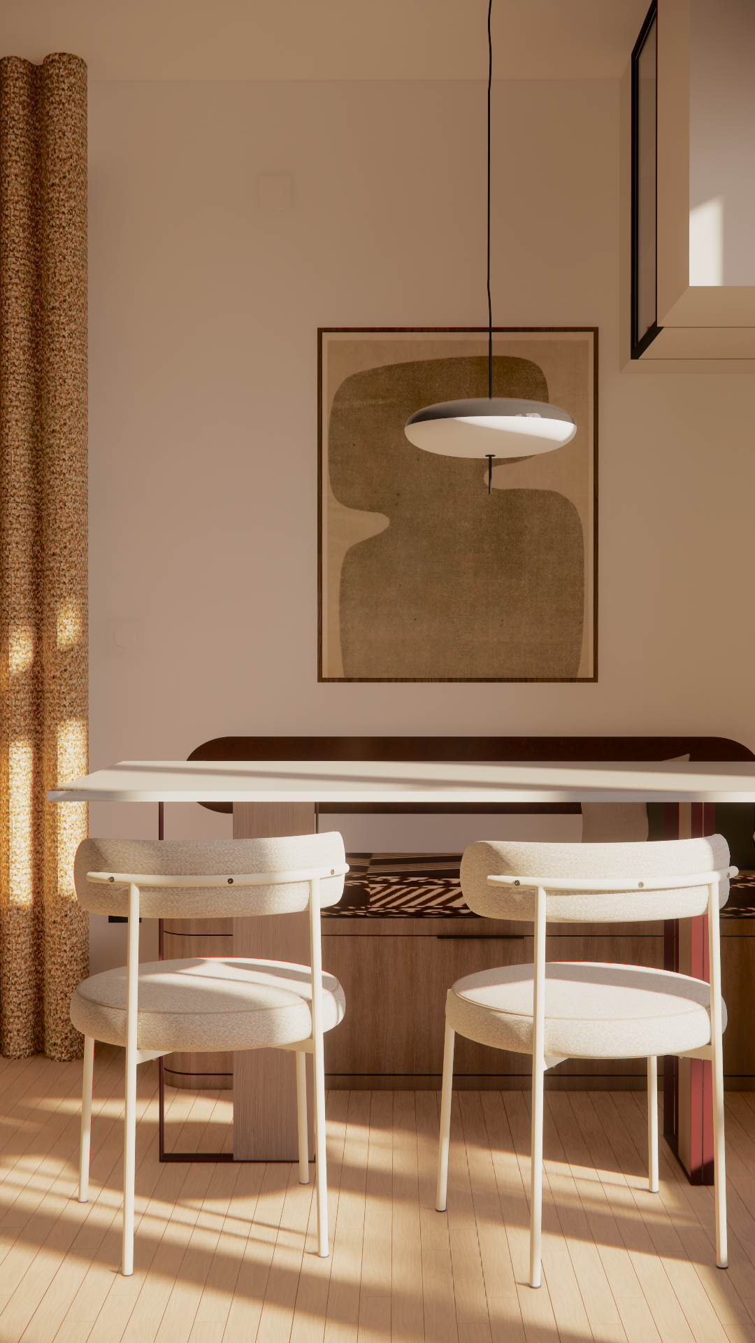 Cuisine contemporaine sur mesure associant bois noyer et finitions ivoire, avec matériaux chaleureux et aménagement optimisé.
