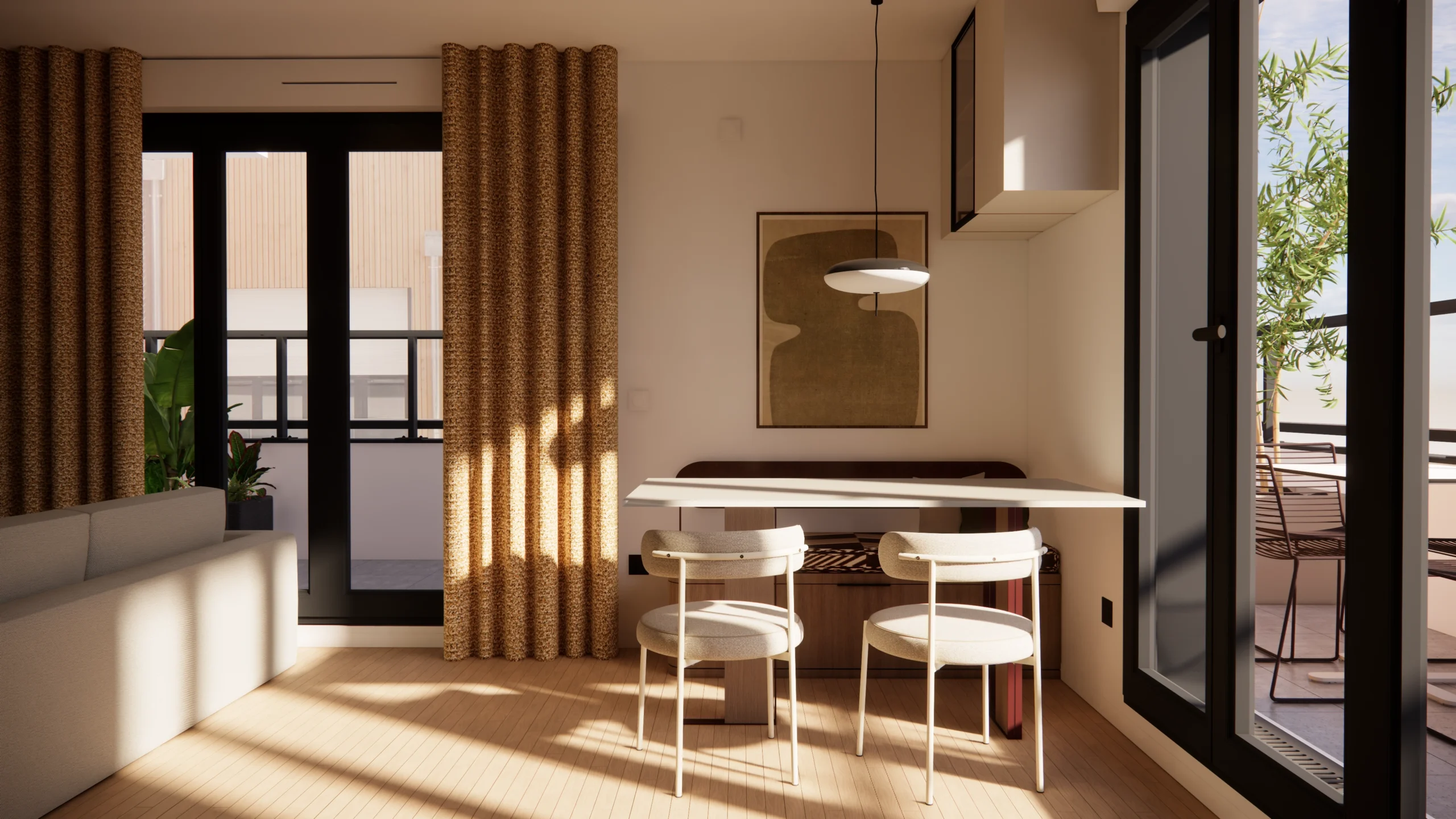 Cuisine contemporaine sur mesure associant bois noyer et finitions ivoire, avec matériaux chaleureux et aménagement optimisé.