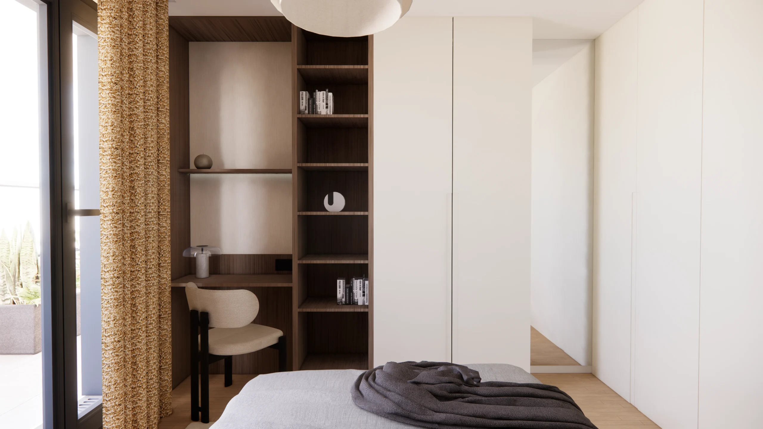 Chambre aménagée sur mesure avec tête de lit en bois et tissu, rangements intégrés et ambiance douce et harmonieuse.