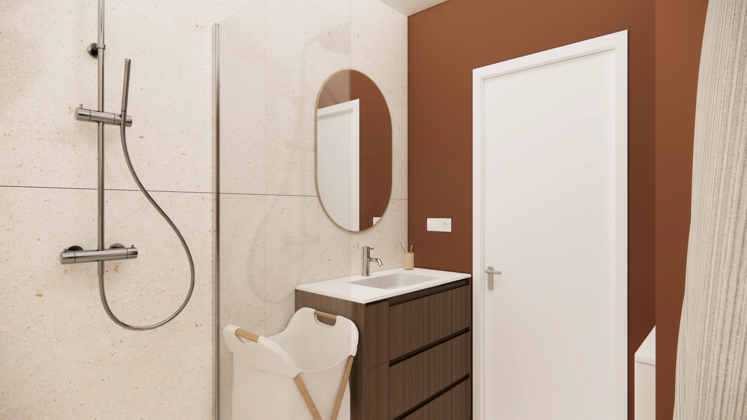 Rénovation de salle de bain moderne beige et marron avec douche italienne et meuble vasque contemporain