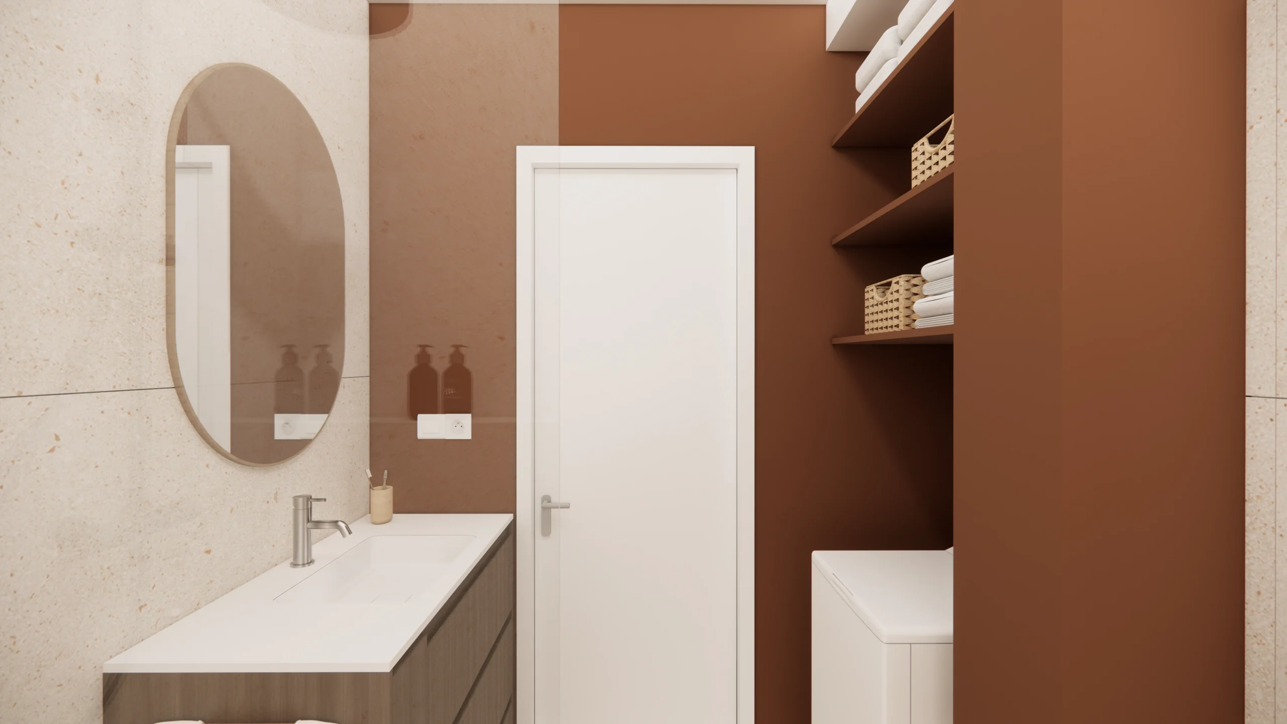 Rénovation de salle de bain moderne beige et marron avec douche italienne et meuble vasque contemporain
