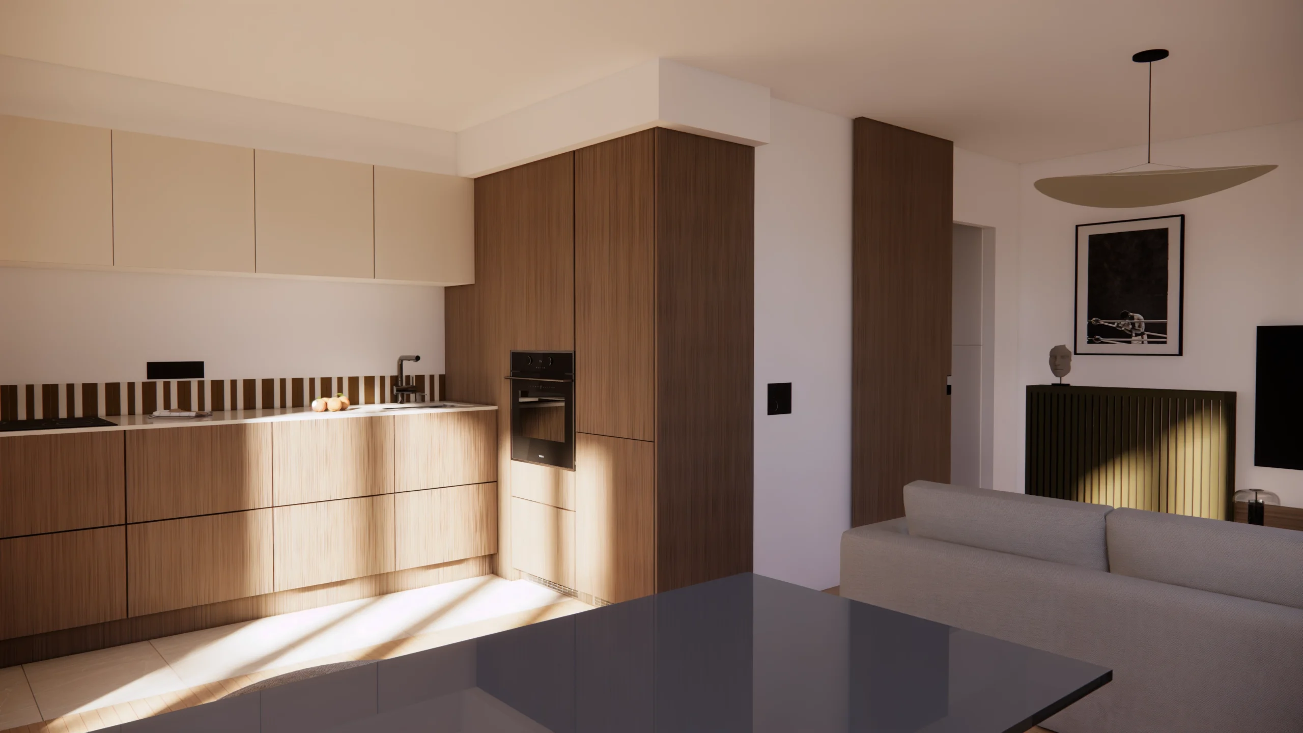 Détail de cuisine avec crédence bi-matière, mobilier sur mesure en noyer et sol en grès aux nuances gris-beige.